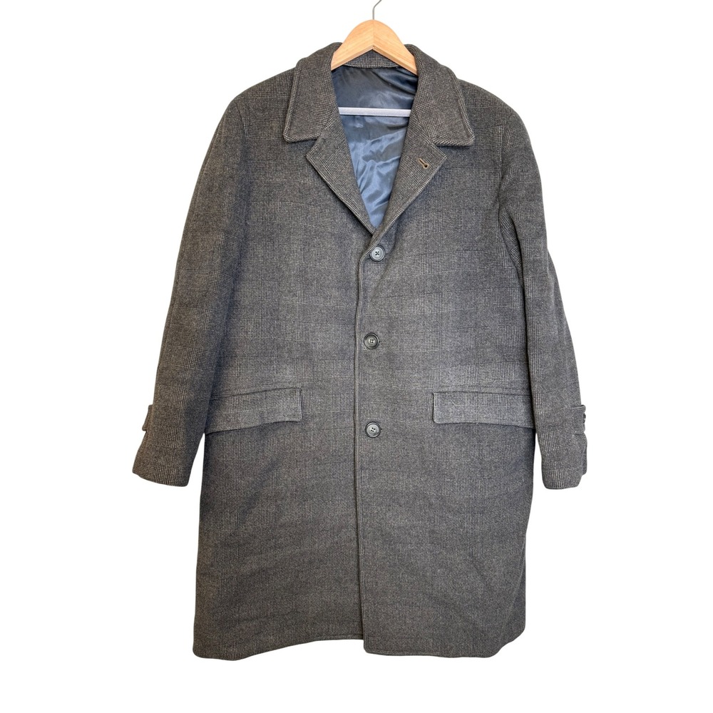 Vintage Women Classic Wool Overcoat Grey Plaid Single Breasted Trench Style Coat